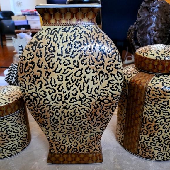 Leopard Print Ceramic Vase(3 Pc) Beige, Gold, Black, Brown